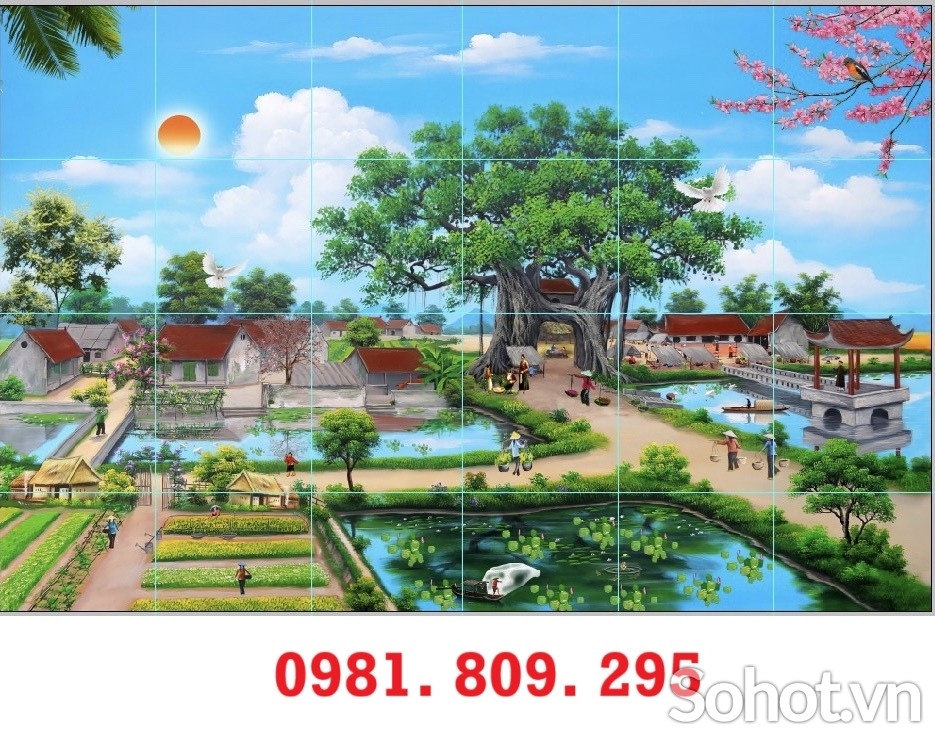 Gạch tranh  gạch men làng quê đẹp , gạch trang trí