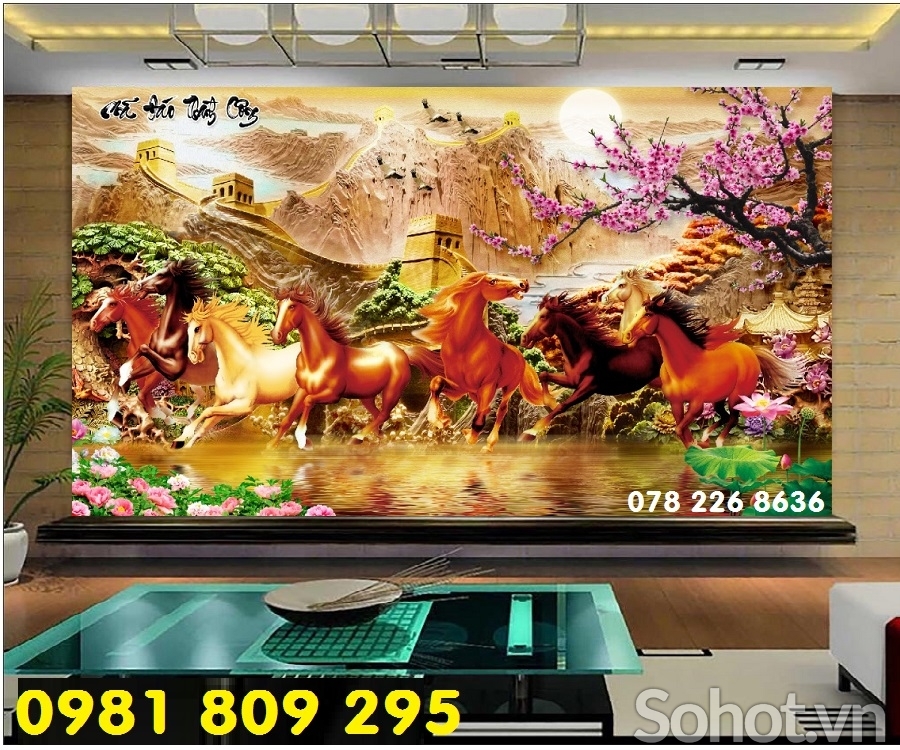 Gạch 3d bát mã - tranh gạch 3d ngựa phong thủy