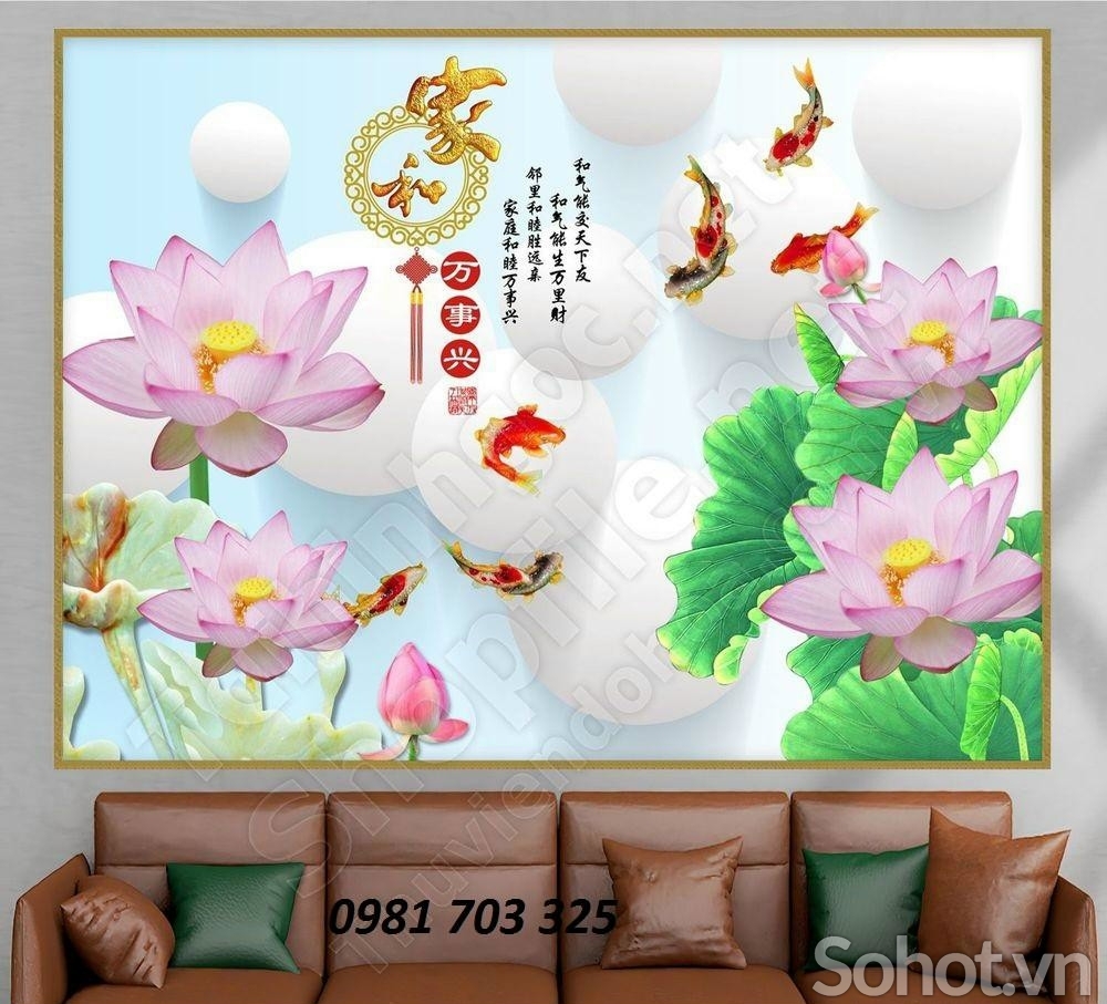 Tranh gạch hoa sen cá chép đẹp