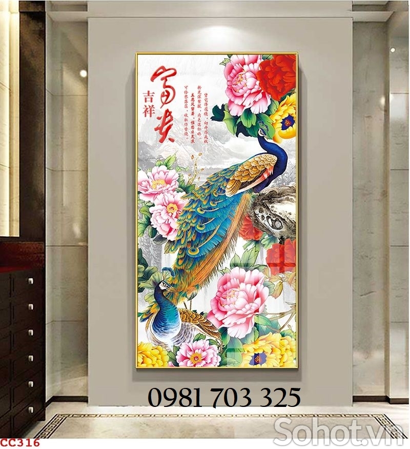 Tranh gạch men chim công ốp tường đứng