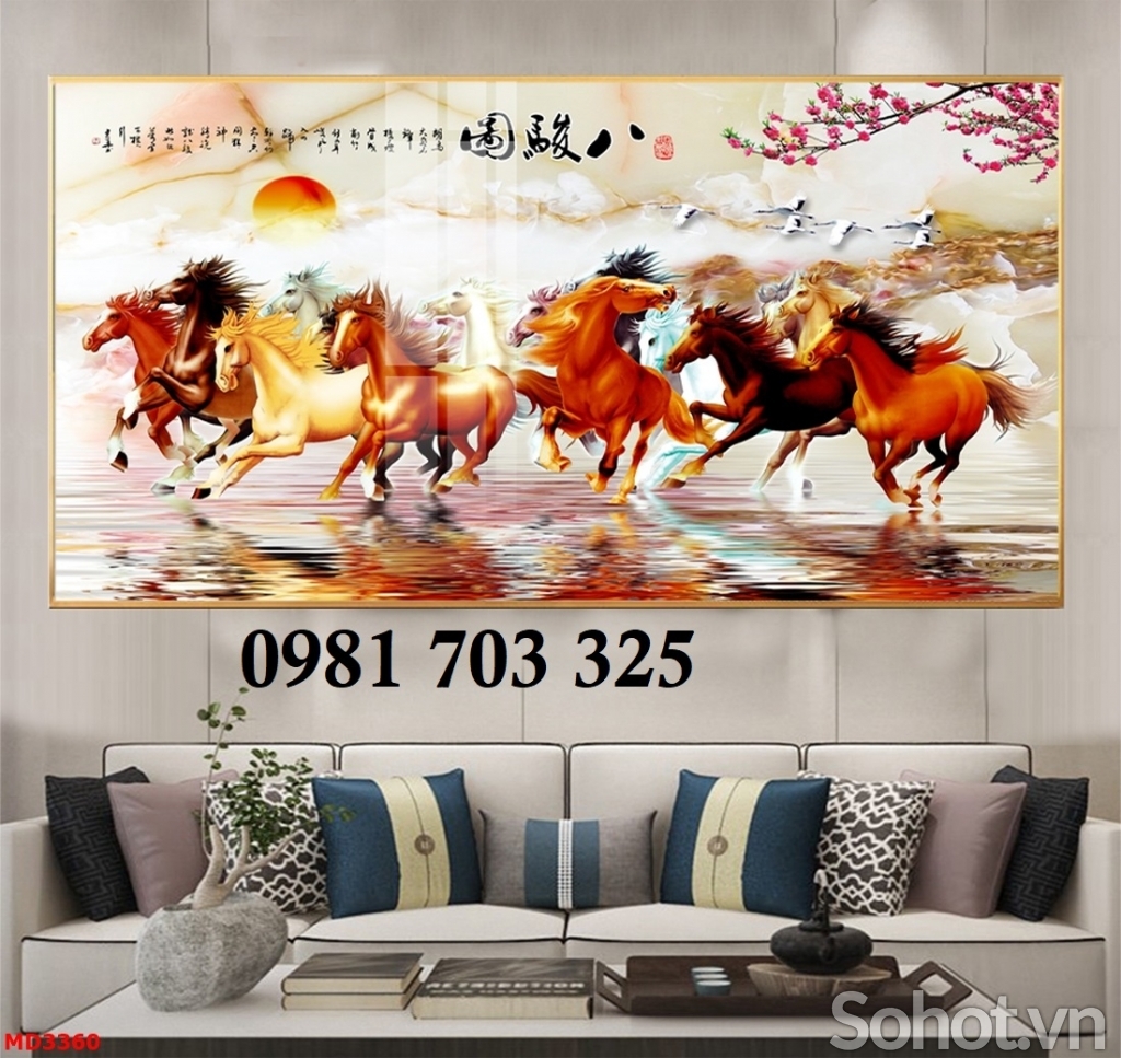Tranh gạch đẹp ốp tường, tranh phong thủy 8 con ngựa