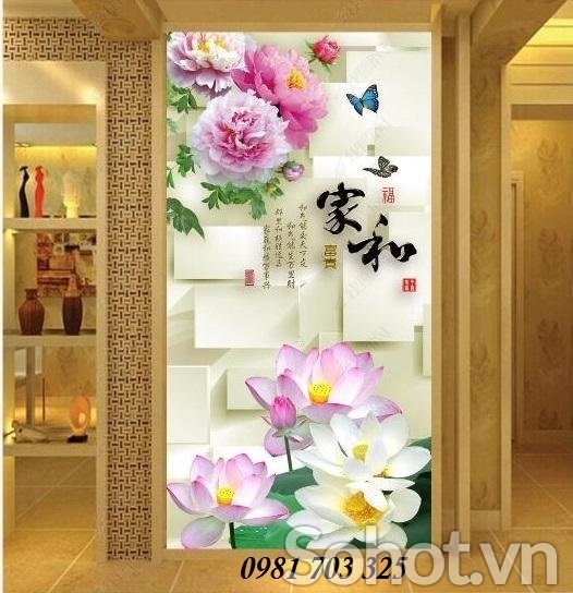 Gạch tranh khổ đứng hoa đẹp 3D