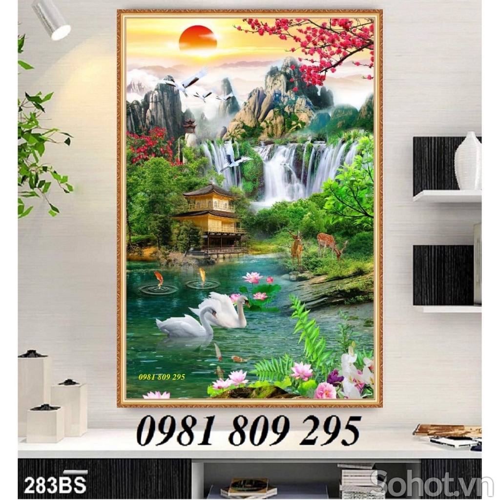 tranh gạch men 3d thác nước khổ đứng