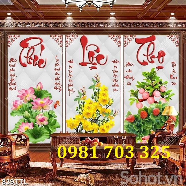 Gạch tranh thư pháp 3 tấm phúc lộc thọ