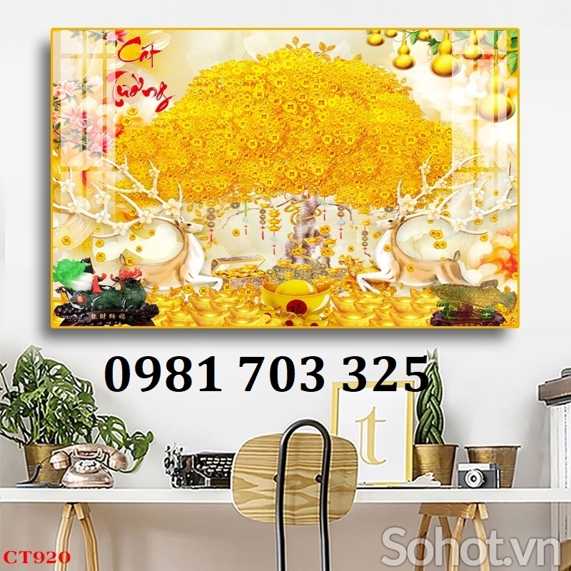 Tranh kim tiền phong thủy, gạch men 3D ốp phòng khách