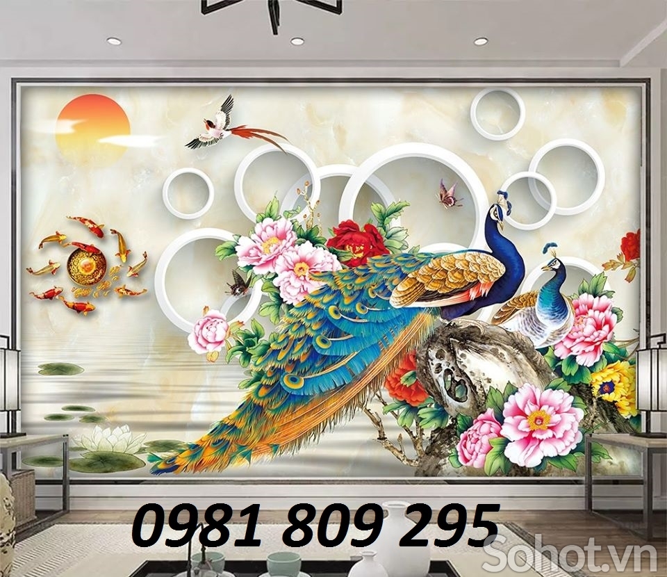 gạch tranh 3d chim công ốp tường phòng khách