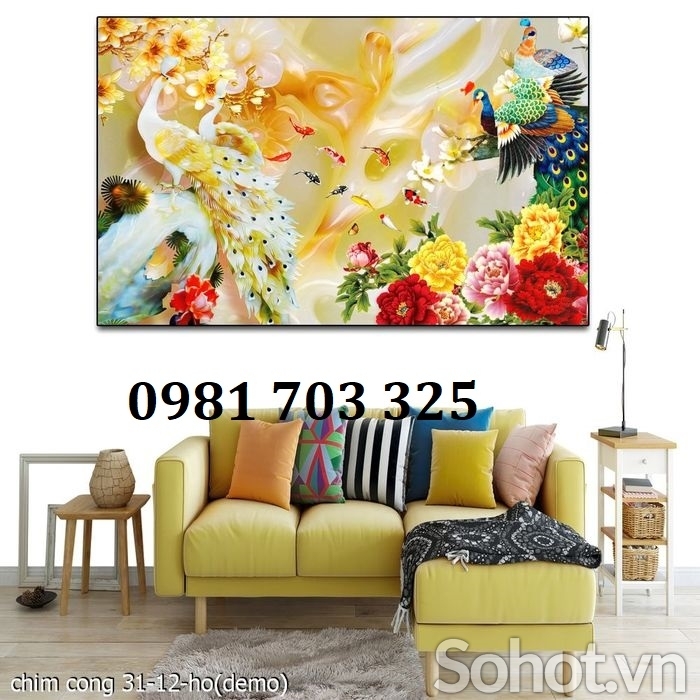 Gạch tranh 3d chim công mẫu đơn