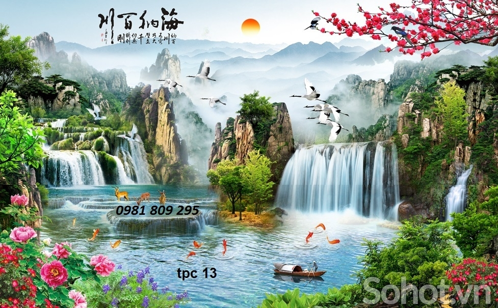 tranh gạch 3d phong thủy núi nước