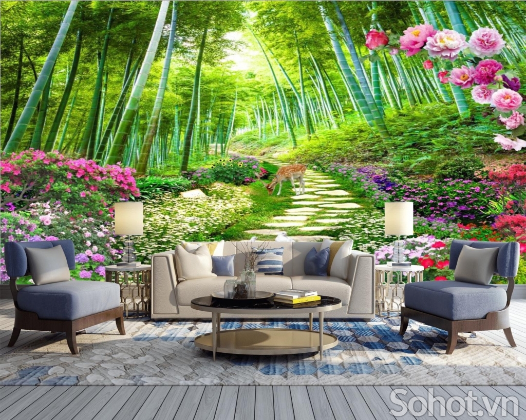 Tranh phòng khách-gạch tranh vườn hoa