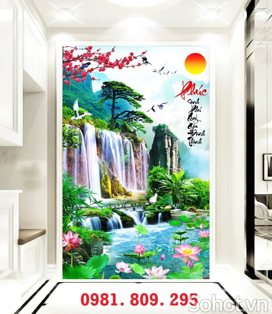 Tranh gạch chữ phúc , gạch cao cấp thác nước