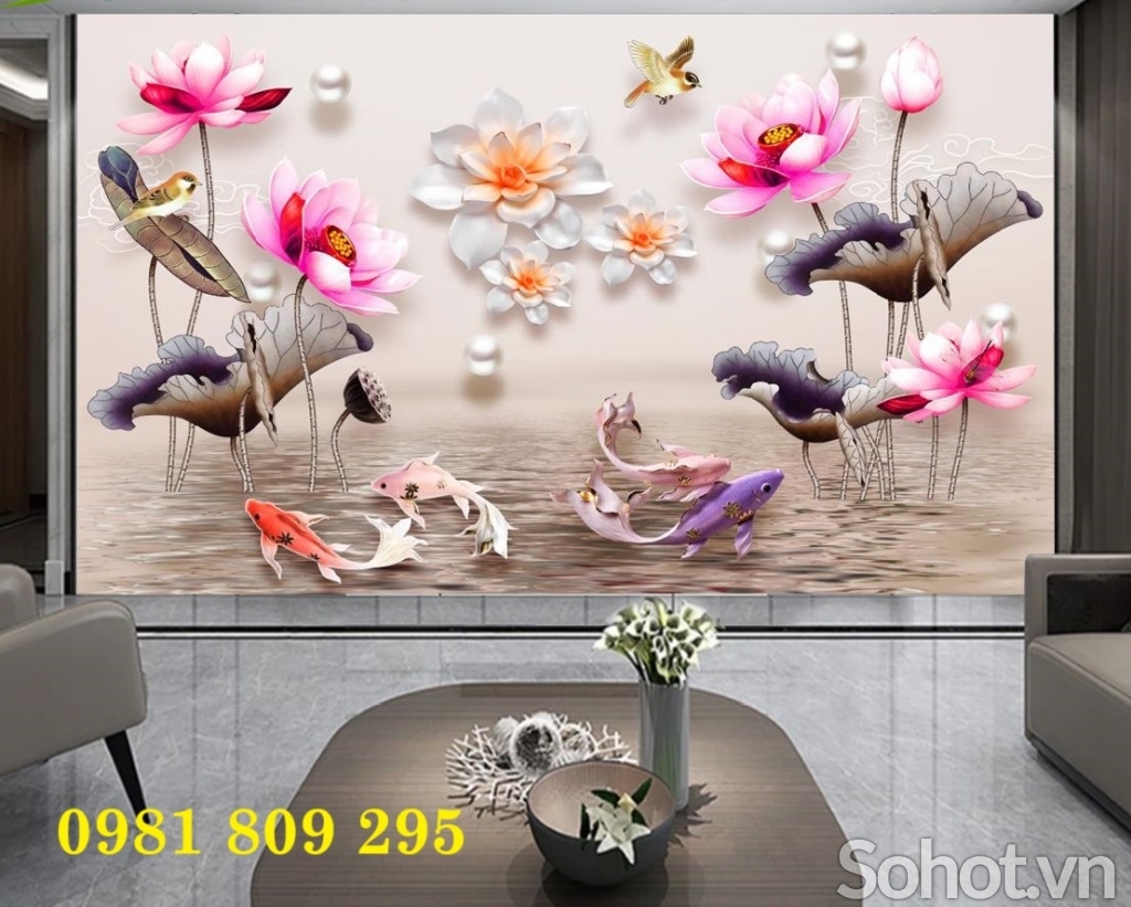 Tranh gạch men 3d hoa sen , tranh hoa ngọc