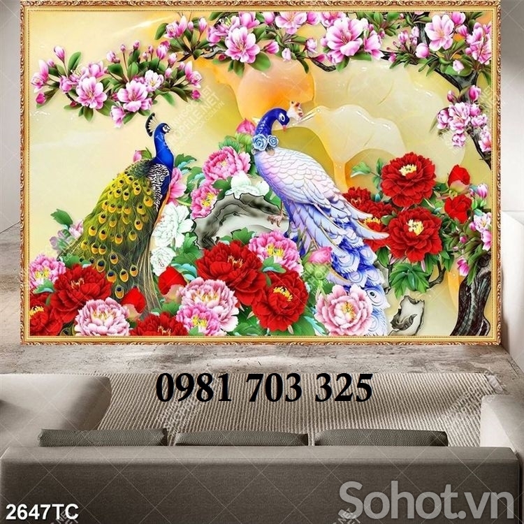 Tranh gạch men phong thủy hoa mẫu đơn,chim công