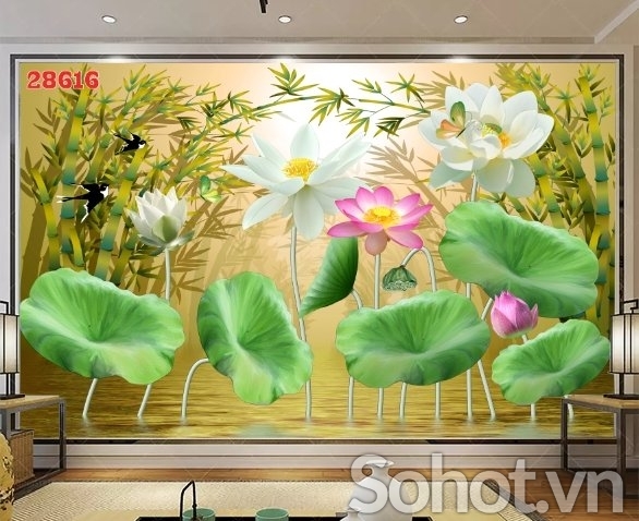 Tranh hoa sen phong thủy, tranh gạch men 3D