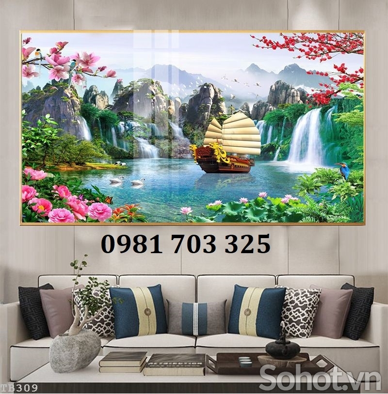 Gạch men 3D thuyền buồm dán tường phòng khách
