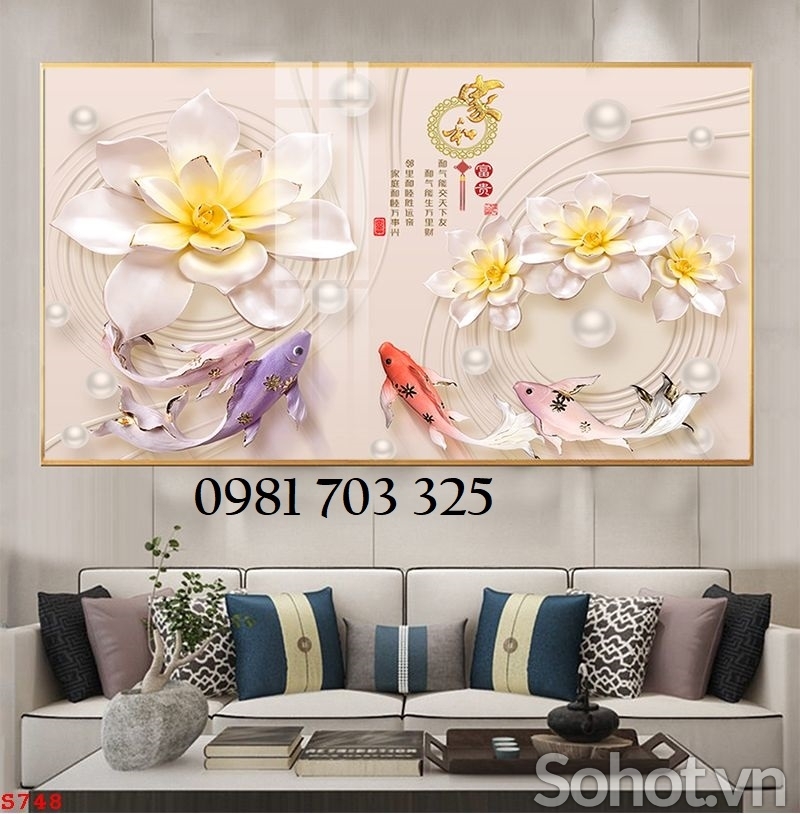 Tranh phong thủy hoa sen cá chép, tranh gạch