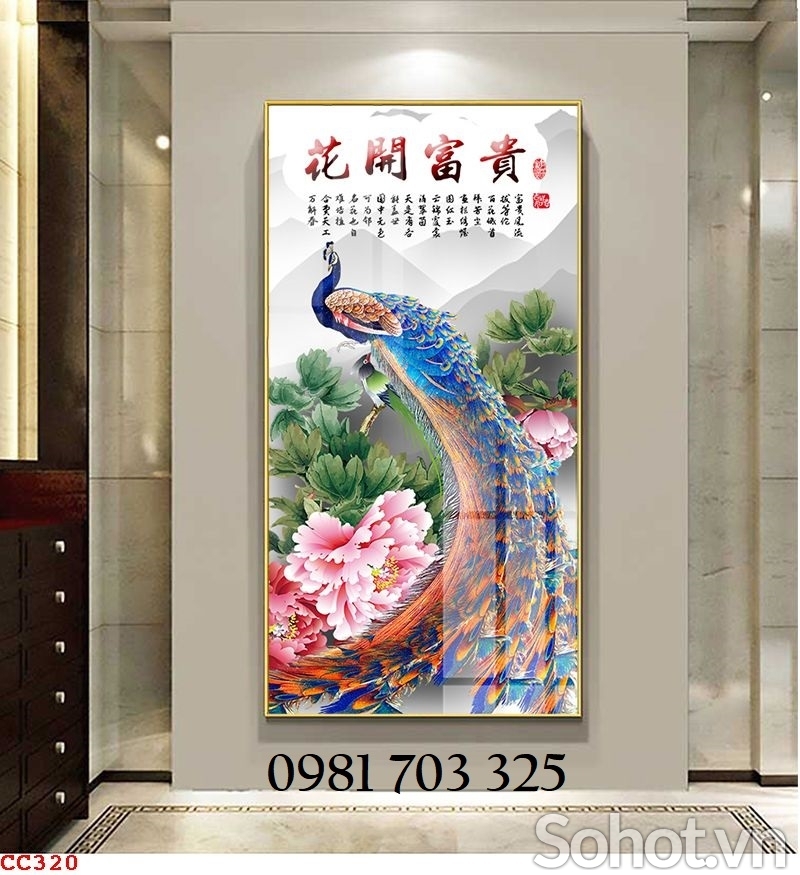 Tranh gạch men chim công ốp tường đứng