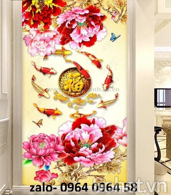 Tranh gạch phong thủy cá chép hoa mẫu đơn - HCDC55
