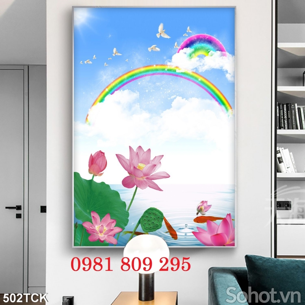 Tranh gạch khổ đứng hoa sen 3d GD765