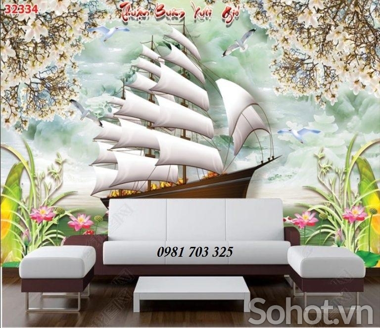 Tranh gạch phong cảnh thuyền buồm xuôi gió
