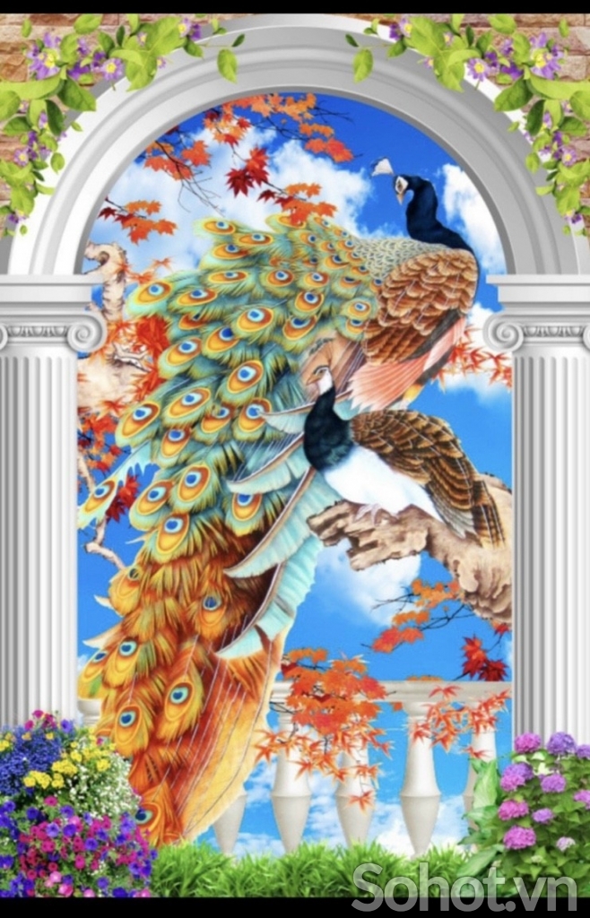 Tranh gạch khổ đứng chim công 3D đẹp