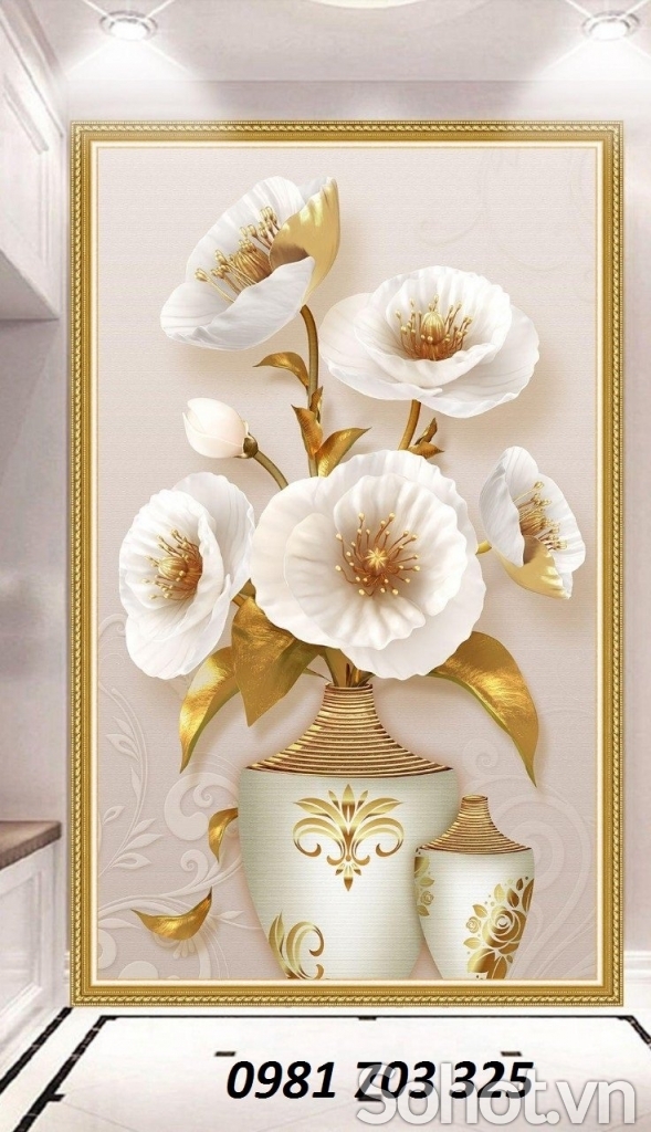 Gạch tranh khổ đứng hoa đẹp 3D