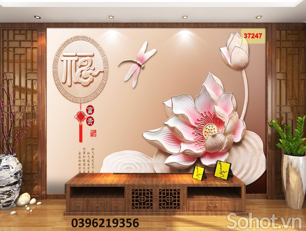 Tranh gạch 3D đẹp hoa sen trang trí