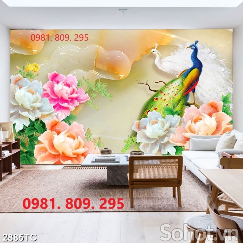 mẫu gạch tranh chim công 3d vợ chồng