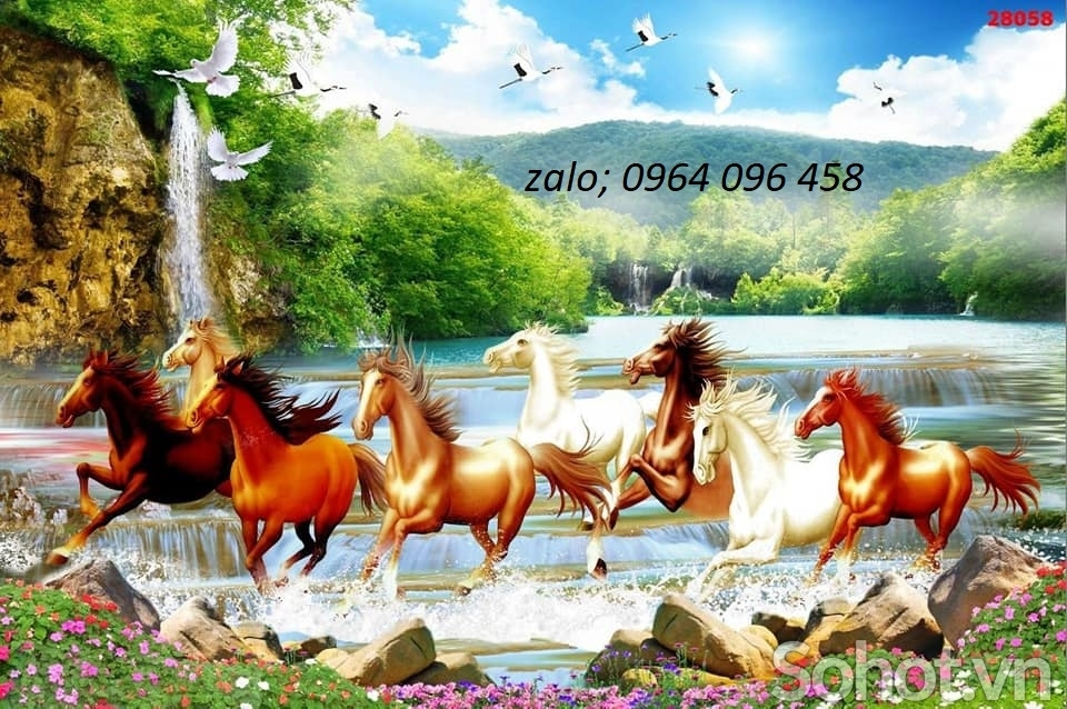 tranh 3d 8 con ngựa - tranh gạch 3d 8 con ngựa - KNB4