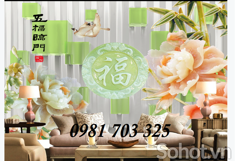 tranh 3D hoa mẫu đơn, tranh gạch ốp tường