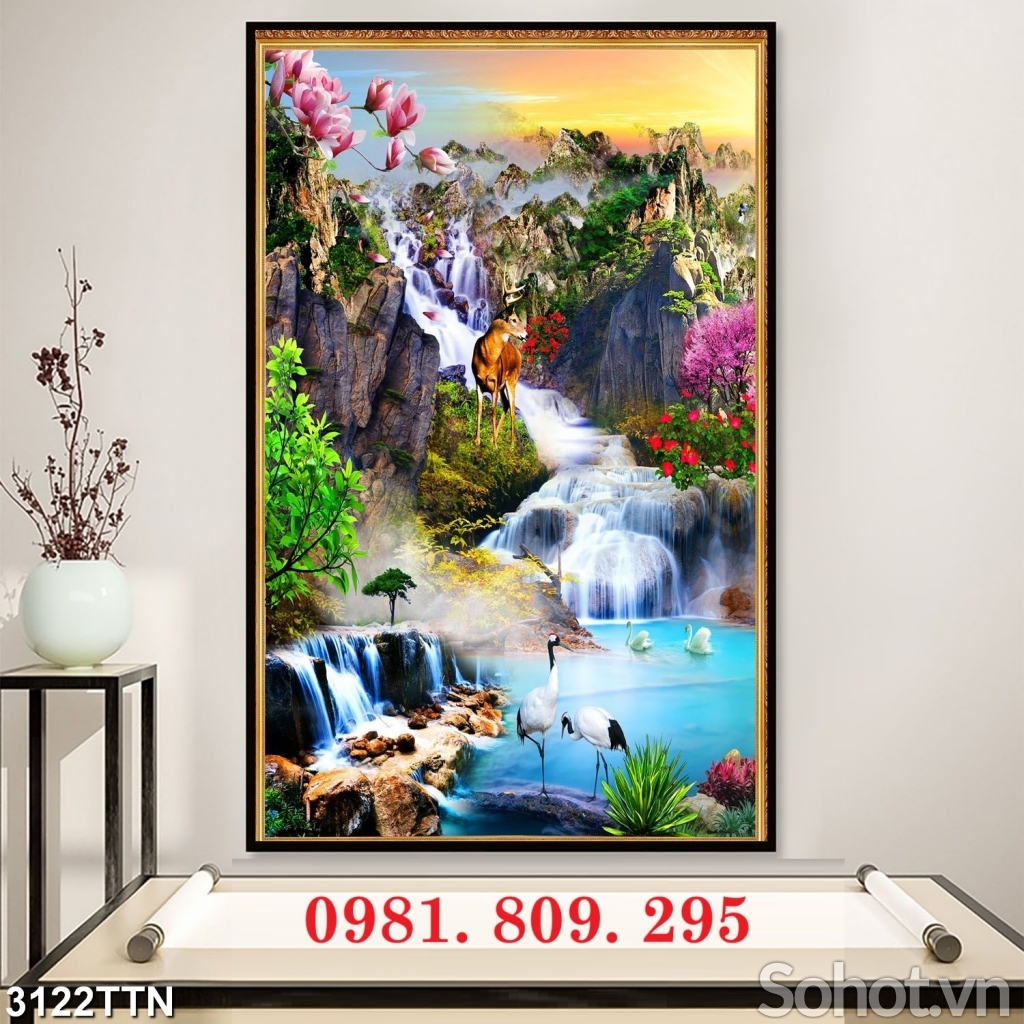 Tranh thác nước khổ dọc , tranh gạch 3d