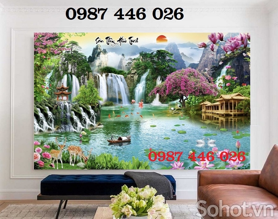 Tranh gạch men thác nước, tranh 3d ốp tường HP9723