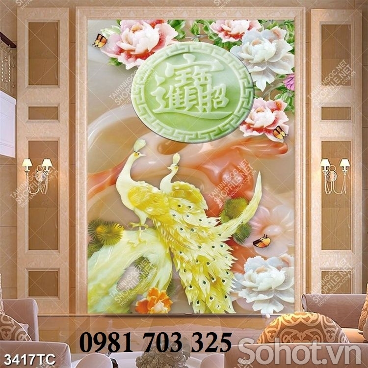 Gạch tranh 3D chim công phong thủy khổ đứng
