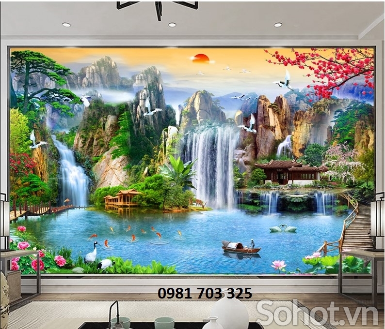 Tranh thác nước- tranh gạch 3D phong cảnh