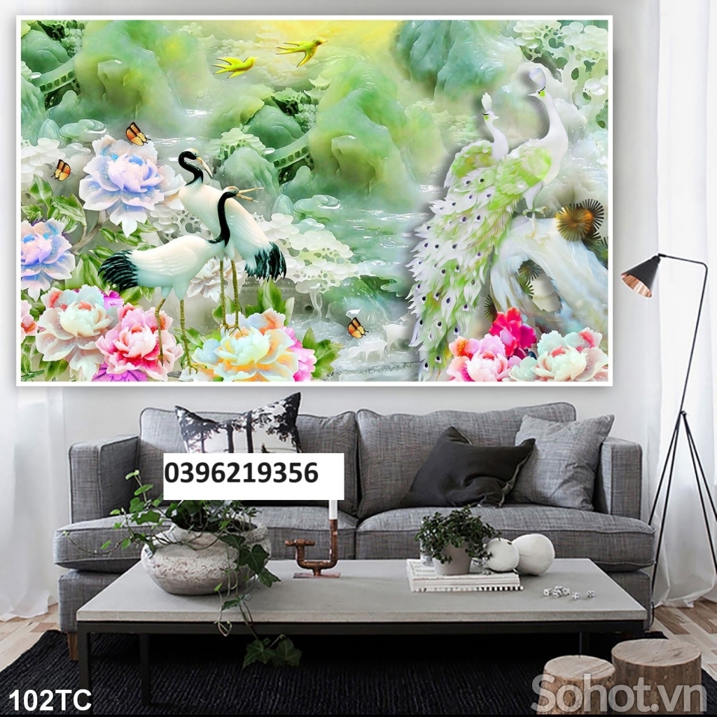 Tranh chim công mẫu đơn trang trí
