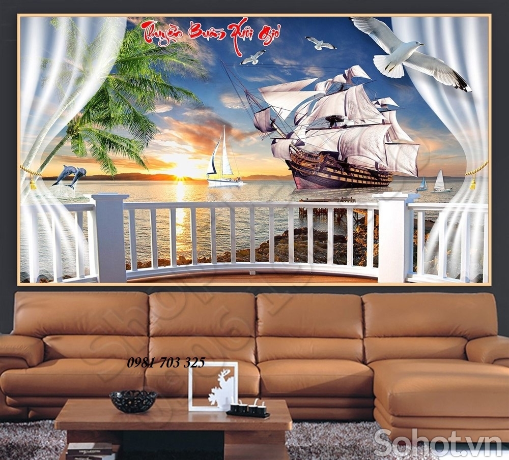 Tranh 3D thuyền buồm-gạch tranh