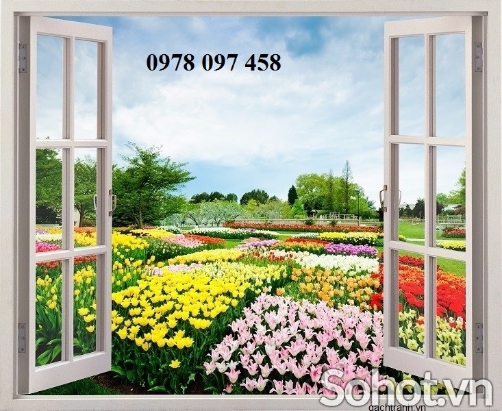 Tranh cửa sổ vườn hoa 3D