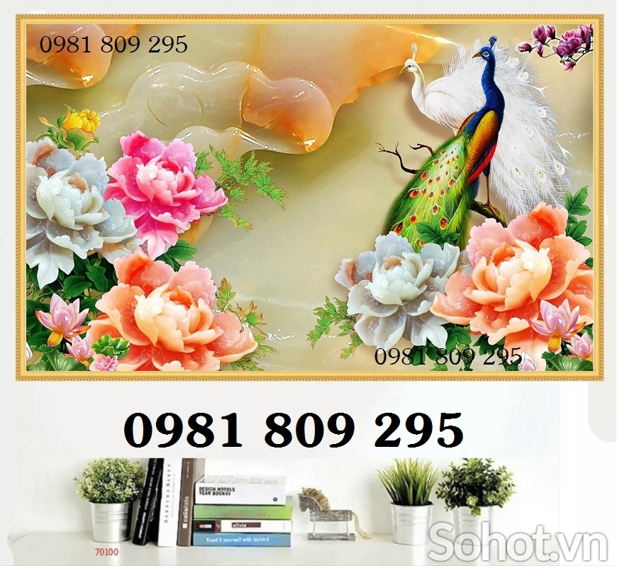 tranh gạch 3d - tranh chim công sứ ngọc