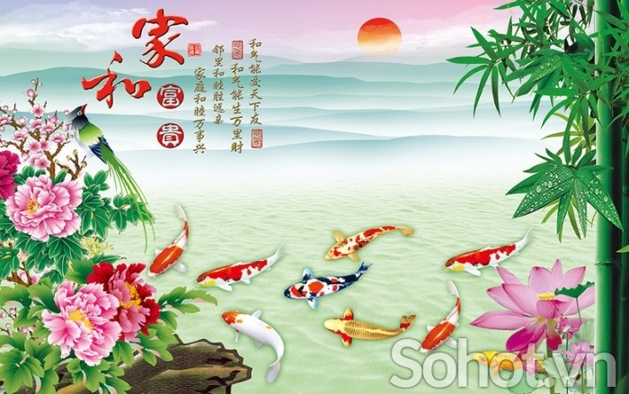 Gạch tranh 3d cá chép hoa mẫu đơn - VCX66