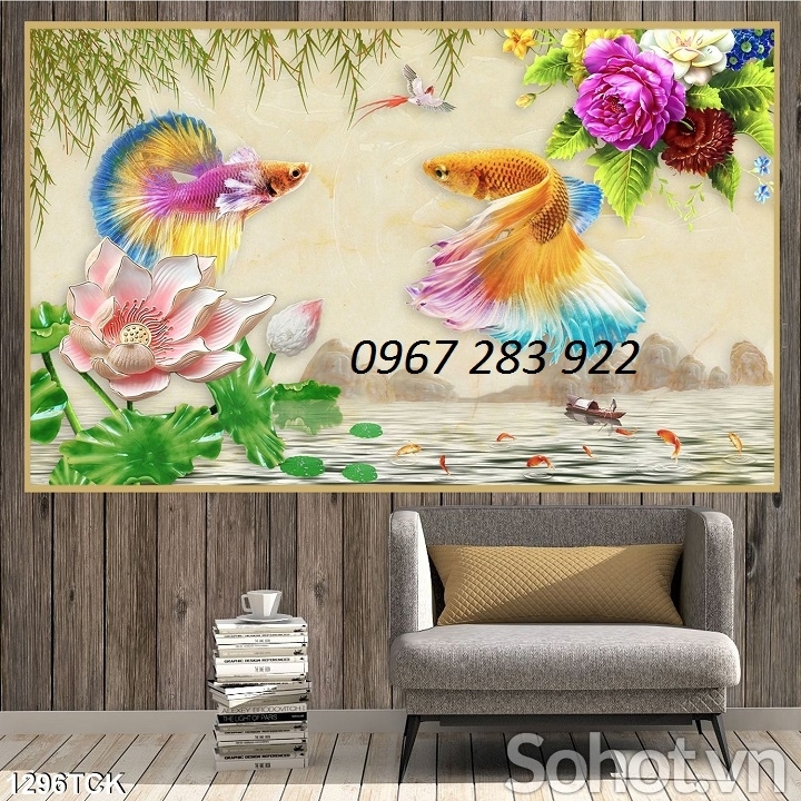 Gạch tranh cá chép ốp tường phong thủy 3d