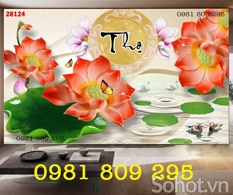 Mãu tranh hoa sen - gạch 3d phòng khách
