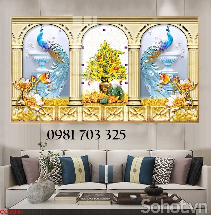 Tranh gạch men chim công phong thủy 3D