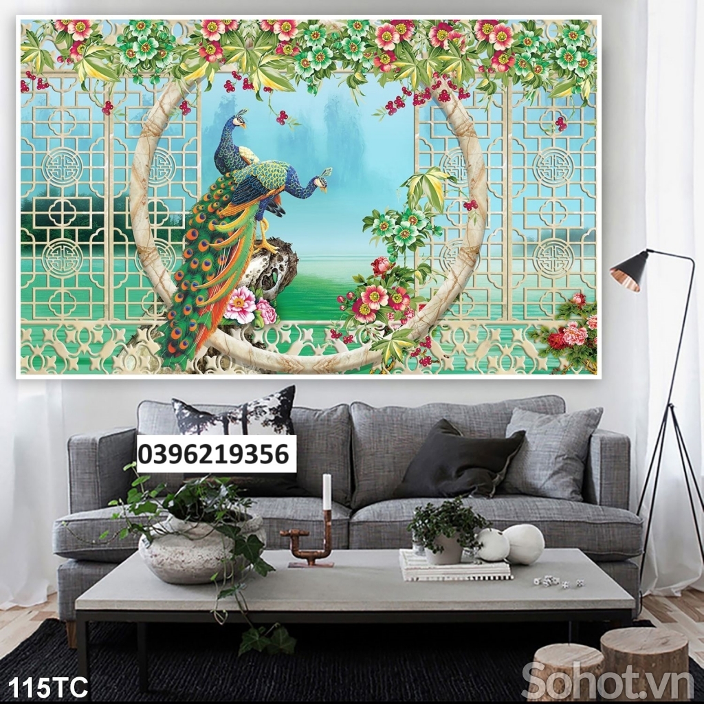Tranh gạch men chim công mẫu đơn đẹp