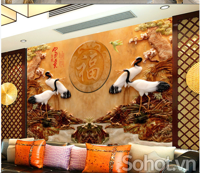 Tranh gạch 3D tùng hạc ốp tường