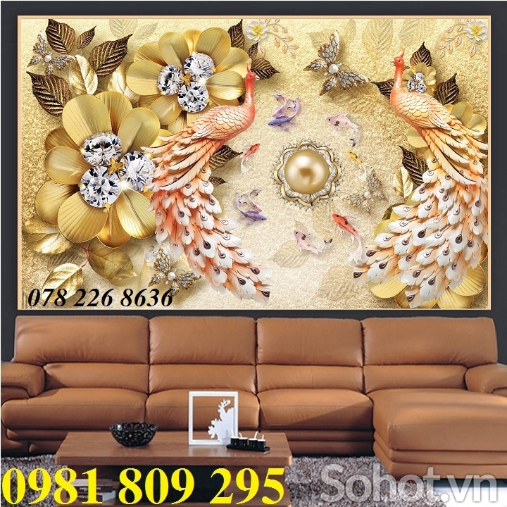 Tranh gạch men , tranh chim công 3d