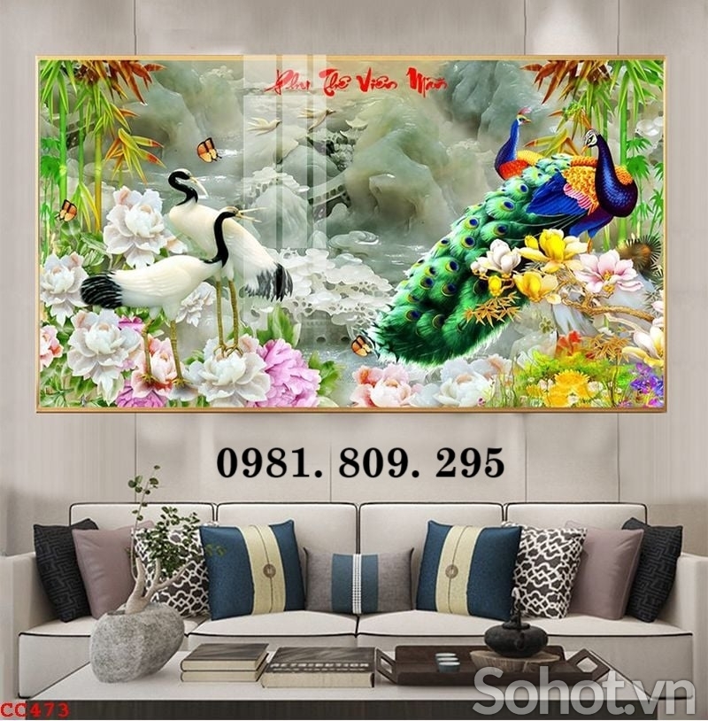Tranh gạch chim hạc 3d nghênh khách