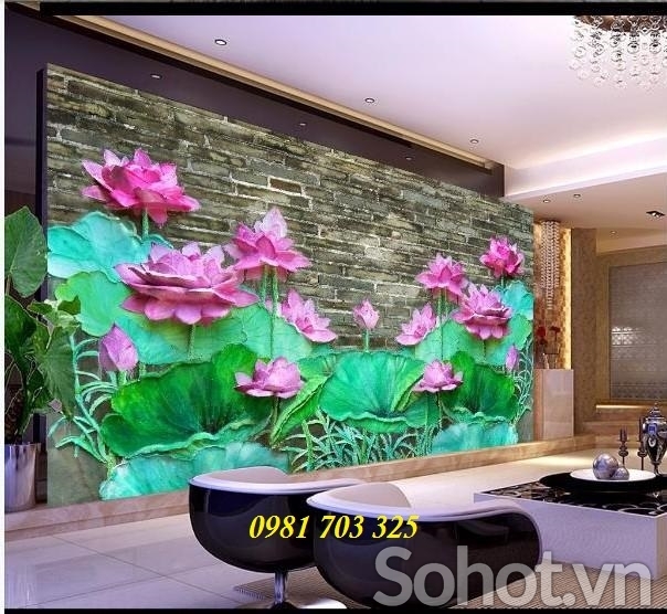 Tranh gạch 3D phòng khách- gạch tranh hoa sen ốp tường phòng khách