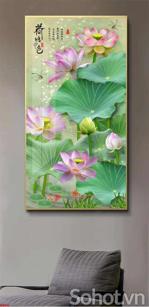 TRanh hoa sen phong thủy, gạch 3D ốp tường