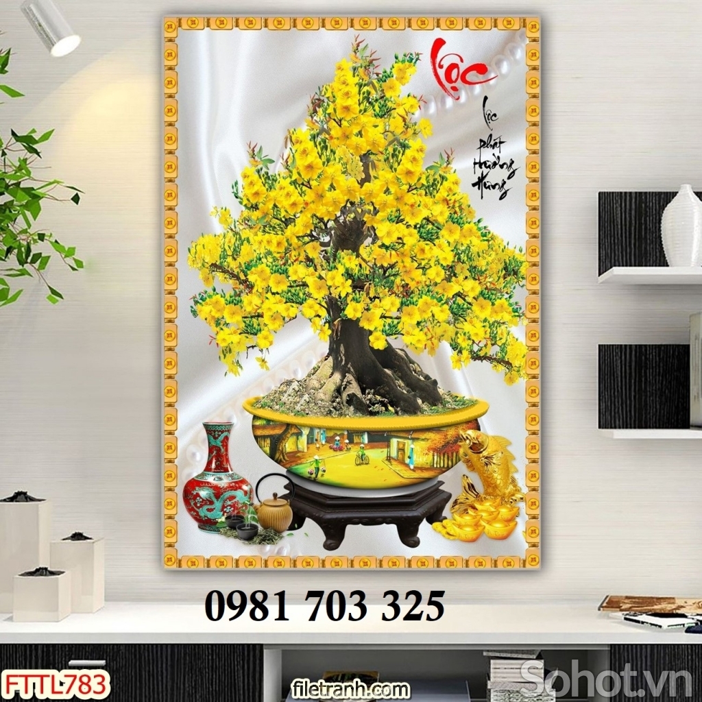 Tranh hoa mai trang trí tường, gạch men 3D