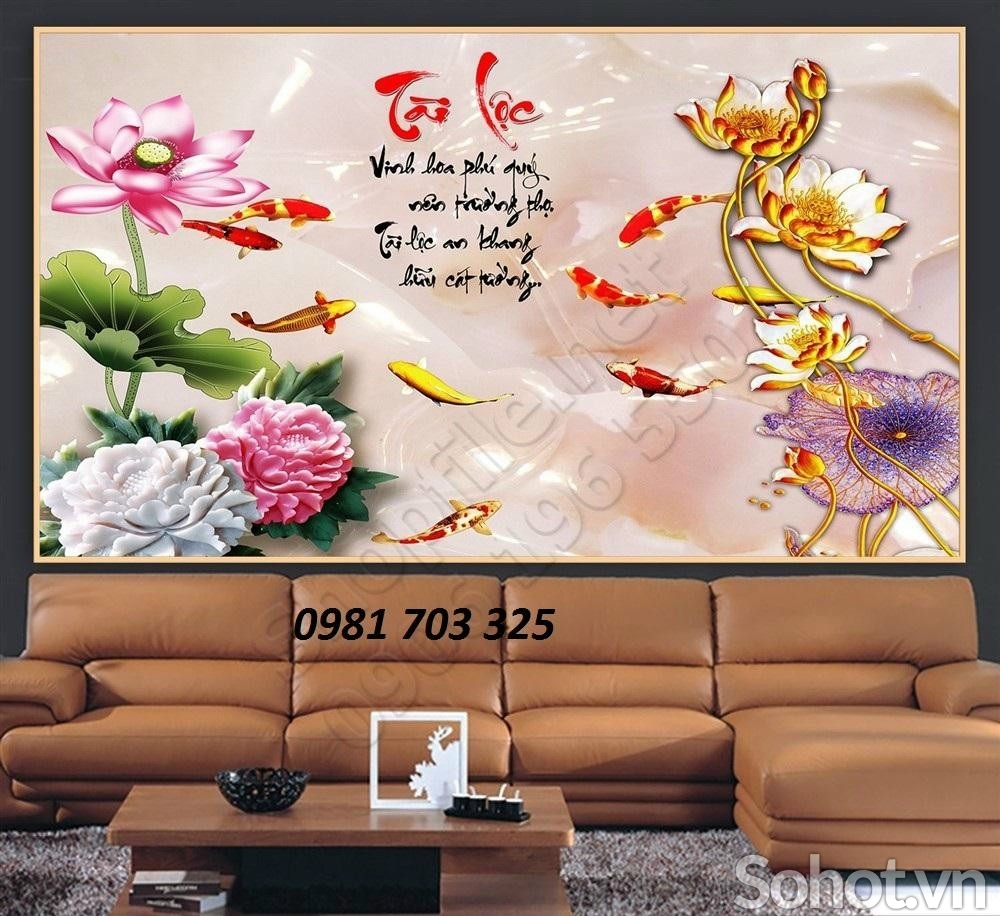 Tranh gạch hoa sen cá chép đẹp