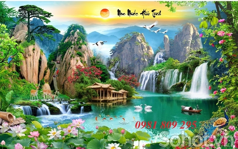 tranh gạch 3d phong cảnh mặt trời núi non - Hà Nội 